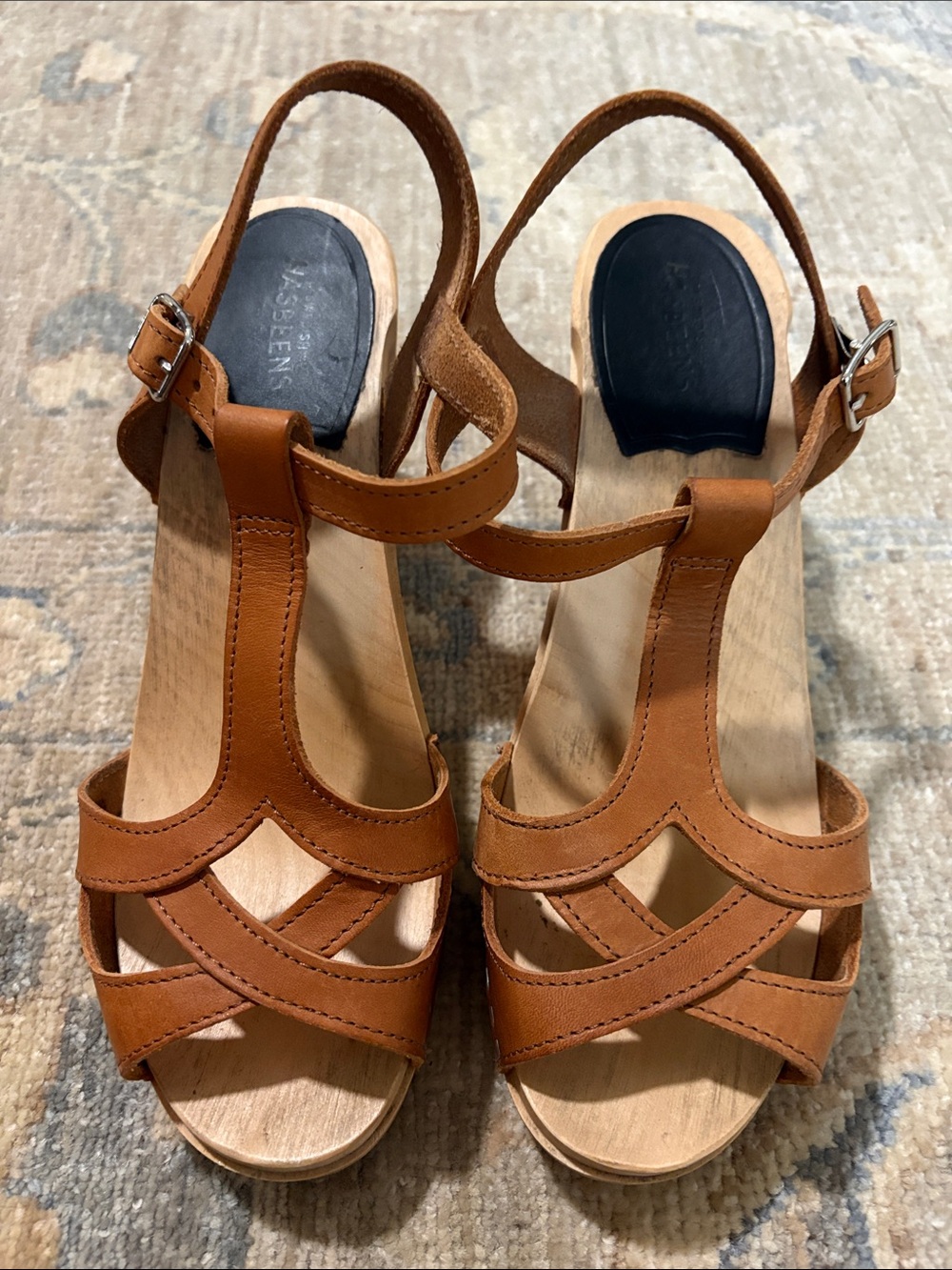 Swedish Hasbeens Cognac Leather T‑Strap Wedge Sandals